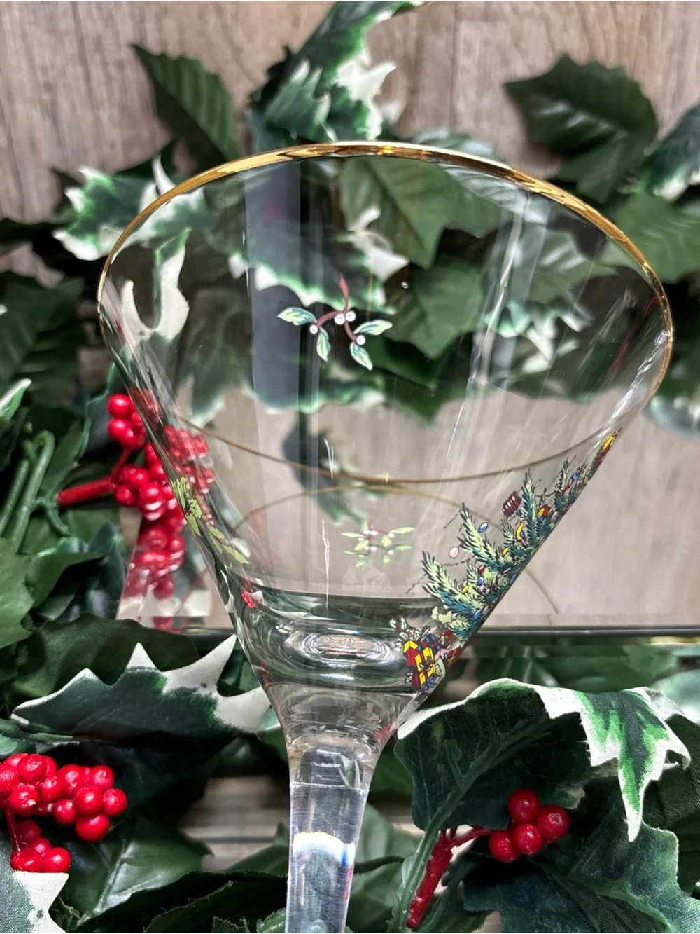 Spode Christmas Tree Martini Glass Gold Rim Single Stem Set Of 2Holidaycheer